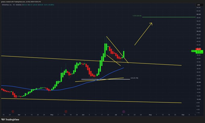 A TradingView daily chart of WhisperText Inc. ($WYFI, NASDAQ) showing price action breaking above a descending wedge pattern, retesting the support line near $30, and continuing higher toward a Fibonacci extension target of 1.618 at $58.05, with the caption noting the bullish trend setup and support hold.