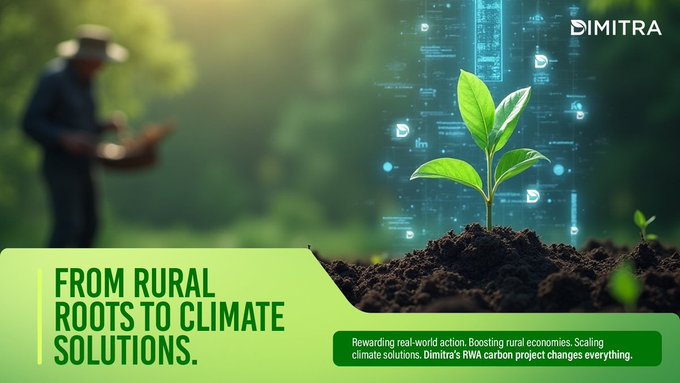 A Dimitra advertisement reading 'FROM RURAL ROOTS TO CLIMATE SOLUTIONS,' showing a farmer with a tablet next to a digital holographic plant sprouting from soil.