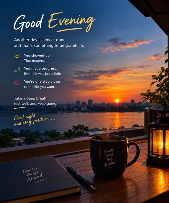 A scenic sunset view from a balcony featuring a mug and lantern on a table, overlaid with the text 'Good Evening' along with motivational quotes about progress and gratitude.