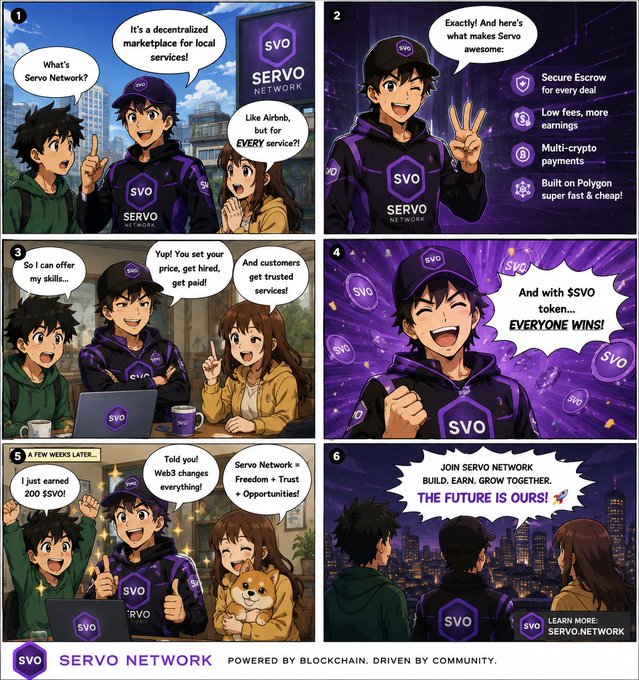A six-panel anime-style comic strip explains the features and benefits of 'SERVO NETWORK', a decentralized marketplace powered by blockchain.