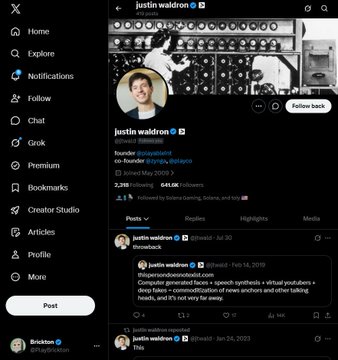 Justin Waldron's X profile shows he has 641.9K followers and is the co-founder of Farmville, visually supporting the caption's claim about his connection to the Farmville game using a "Play" button next to his name.