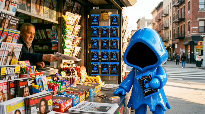 A street newsstand scene where a vendor hands a paper to a glossy blue hooded figure holding a book titled 'RIP FACES,' with a stack of books visible behind them.
