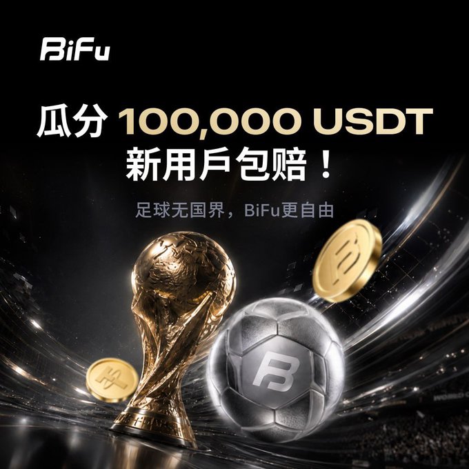 The image features an advertisement for a BiFu World Cup event. The background of the image is black with gold elements that create a striking contrast. In the center of the image, there are two golden trophies - one representing the World Cup and another symbolizing a specific competition within it. A soccer ball can be seen in the bottom right corner of the image.

The post includes text written in Chinese, which translates to "BiFu World Cup Event Roundup | Watch the Matches, Win Prizes!". The post also mentions that there are two prizes available for those who participate - one is a 100,000 USDT and the other is a demonstration fund.