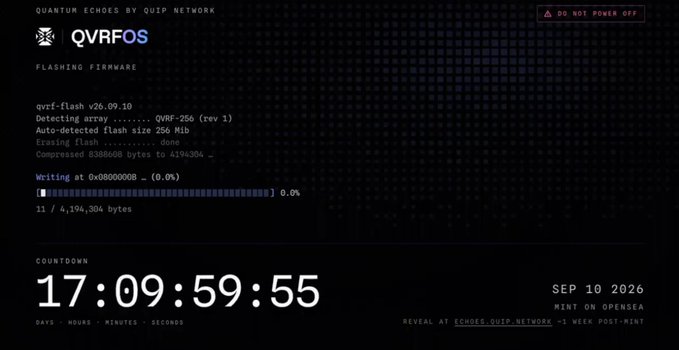 A dark-themed firmware flashing screen titled 'QVRFOS - Quantum Echoes' shows a progress bar at 0.0% with a countdown timer reading 17 days, 09:59:55, and a reveal date of 'SEP 10 2026'.