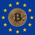 The image shows the Bitcoin logo (a gold coin with the "₿" symbol) centered on the European Union flag, with its circle of yellow stars on a blue background. This visually represents the intersection of Bitcoin/crypto with European regulation, tying into the post's message about MiCA enforcement driving European crypto users toward decentralized alternatives like Rujira's omnichain DeFi platform.