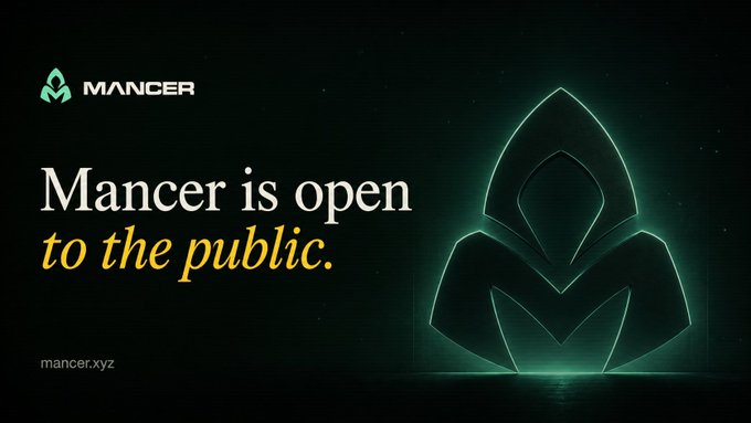 A dark green promotional banner reading 'Mancer is open to the public' with the Mancer logo and a glowing geometric hooded figure, referencing mancer.xyz.