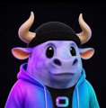 A 3D-rendered cartoon bull character wearing a purple and blue hoodie, set against a dark background.