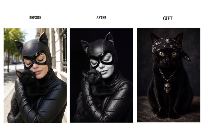 A three-panel image labeled 'BEFORE', 'AFTER', and 'GIFT' showing a woman in a Catwoman costume holding a black cat, a black-and-white edited version of the same photo, and a black cat wearing a skull bandana with a skull pendant.