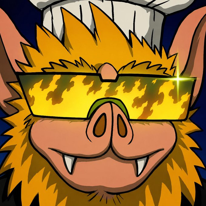 A cartoon werewolf chef wearing flame-patterned sunglasses and a white hat grins menacingly, paired with the caption "higher" to humorously suggest unstoppable, rising intensity.