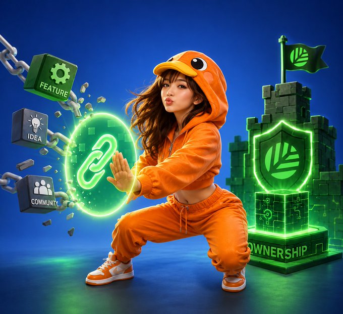 A vibrant 3D illustration of a young woman in an orange duck-themed outfit in a martial arts pose, surrounded by floating blocks labeled 'FEATURE', 'IDEA', 'COMMUNITY', and a glowing 'OWNERSHIP' pedestal and shield.