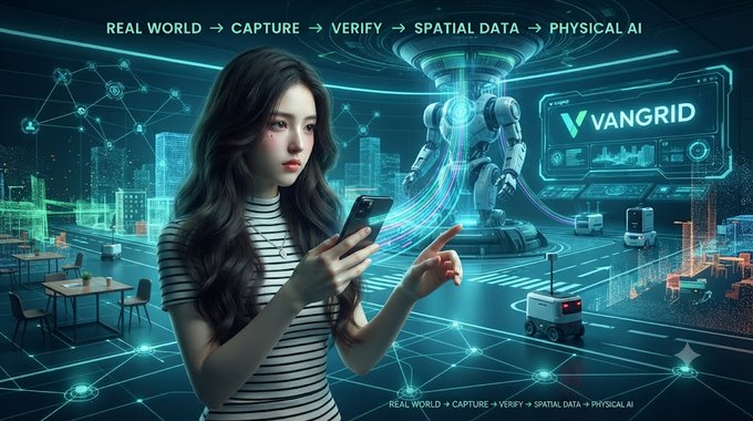 A promotional graphic for 'VANGRID' featuring a young woman using a smartphone, with text reading 'REAL WORLD → CAPTURE → VERIFY → SPATIAL DATA → PHYSICAL AI'.