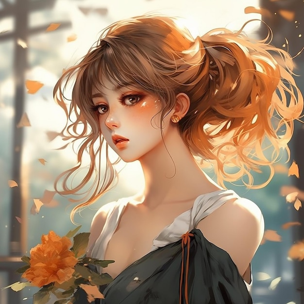 The image features a beautiful young woman with long brown hair wearing an orange dress. She has her hair styled in a ponytail and is looking directly at the camera. The background of the image shows leaves falling, suggesting that it might be autumn or during the fall season. There are also some flowers visible in the scene, adding to the overall atmosphere of the image.