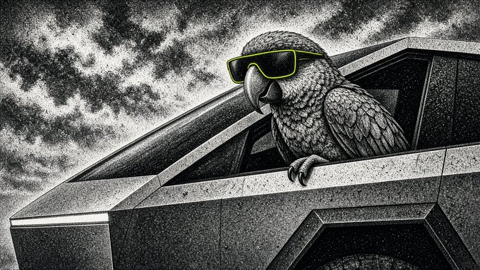 A black-and-white stylized illustration of a parrot wearing bright green sunglasses, perched on a geometric metal structure against a cloudy sky.