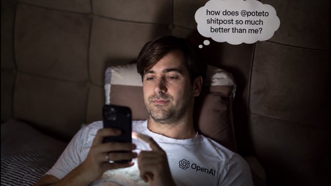 A humorous meme showing a man in an OpenAI t-shirt lying in bed looking at his phone, with a thought bubble reading 'how does @poteto shitpost so much better than me?'
