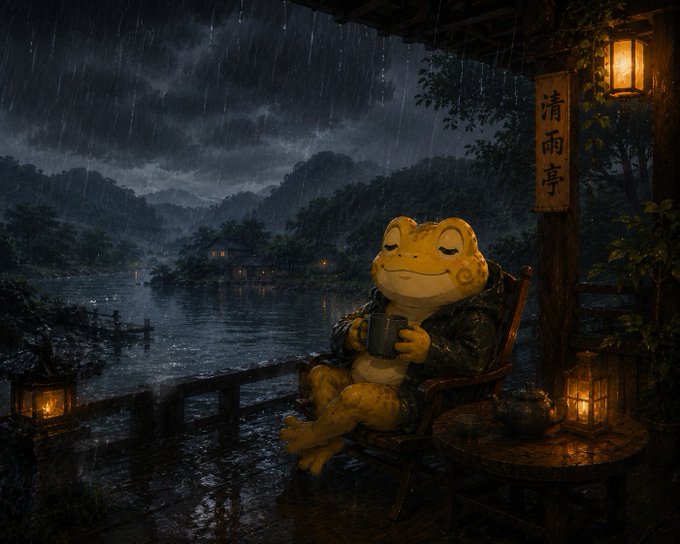 A content frog sits in a wooden chair enjoying a cup of tea during a rainy evening by a misty lake, beneath a glowing lantern and a sign reading "清雨亭" (Qingyu Pavilion). The image pairs perfectly with the "$JIN" post, capturing the cozy, tranquil "cozy rain" vibe the meme references.