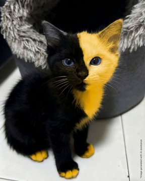 A charming chimera kitten with a perfectly split face—one half black and one half orange—sits curiously inside a fluffy pet bed. The striking two-toned feline serves as a visual metaphor for the post's theme of duality and unity, symbolizing how builders and retail investors can be distinct yet harmoniously combined as "brothers" within the meme culture community.