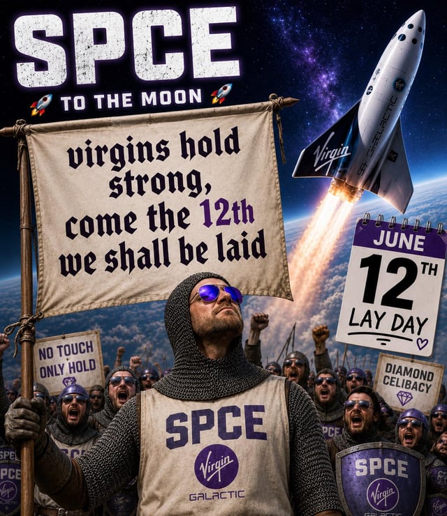 The image features a poster with a man dressed as a knight, holding up a sign that says "SPCE To The Moon". There are several other people around him who appear to be participating in a protest or rally for the SPCE project. The poster also includes a calendar for the date of the event and a list of dates when it will take place.