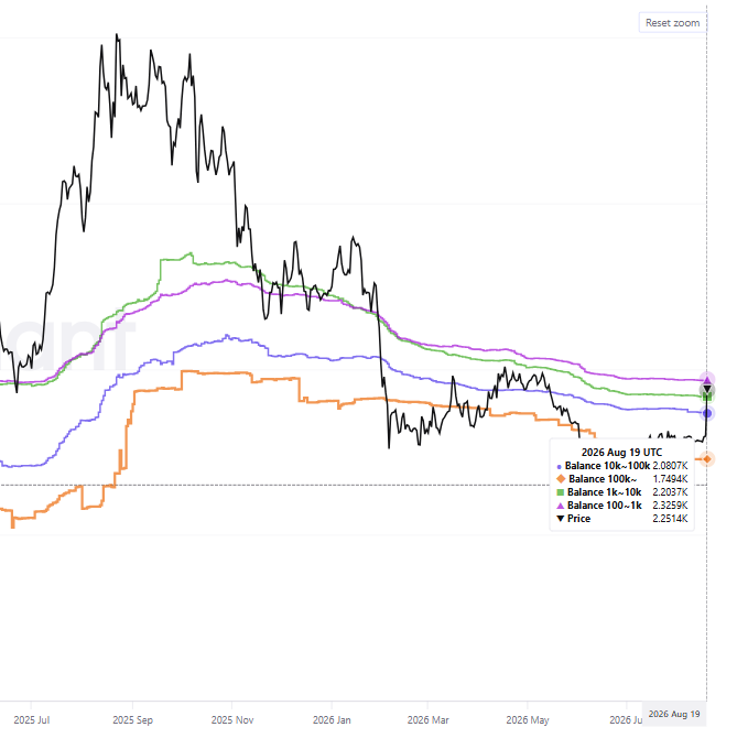 A line chart tracking Ethereum price from July 2025 to August 2026 alongside cost basis averages for holders of 10k–100k (2.0807k), 100k–1M (1.7494k), 1k–10k (2.2027k), and 100–1k (2.3252k) ETH, with the current price at 2.2514k as of August 19, 2026—supporting the post's claim that Ethereum is hovering near the average cost basis of most holders (~2.2k–2.4k).