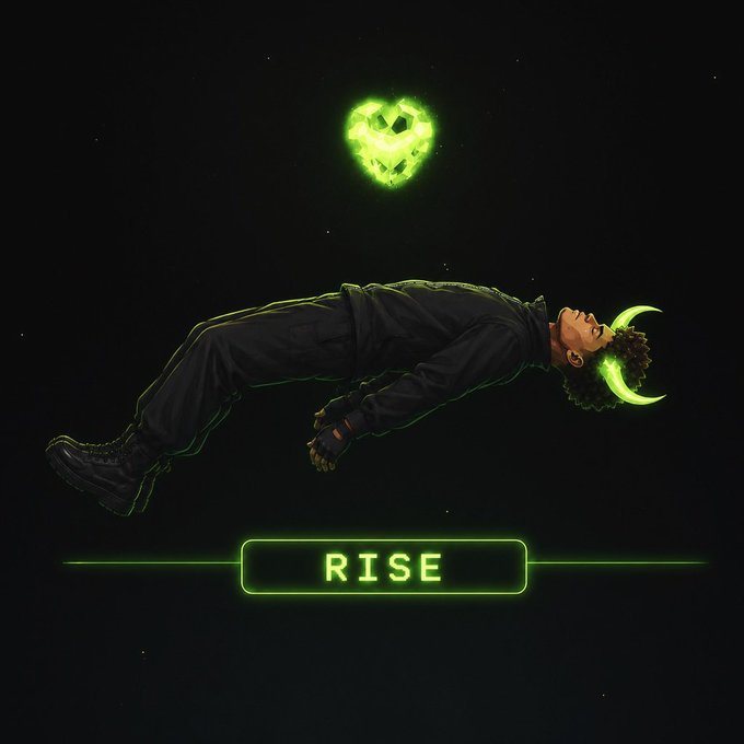 The image depicts a stylized figure lying horizontally in a dark void with a glowing green smiley face radiating above them, evoking a sense of transcendence or ascension. The word "RISE" appears in a neon green outlined box at the bottom, reinforcing the accompanying post's message of "Only the beginning for $ANSEM" as a symbol of growth and upward trajectory.