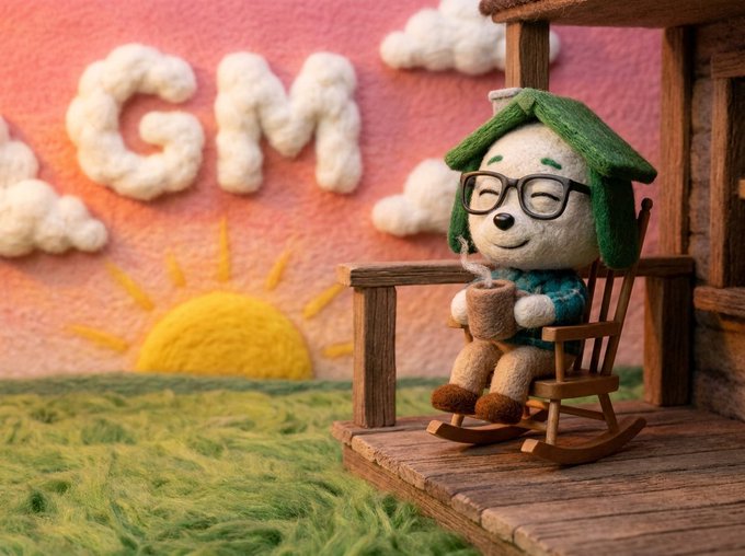 A stop-motion style image shows a cute fluffy white character with green ears and glasses sitting in a wooden rocking chair holding a cup, with 'GM' spelled in cotton clouds in the background.