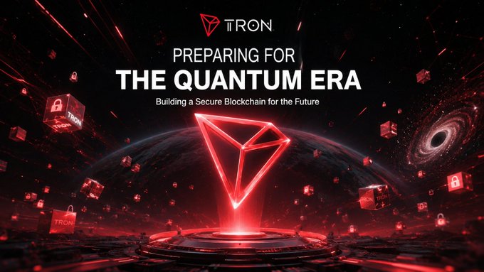 A dark, futuristic digital scene shows a glowing red triangular TRON logo centered above a platform, surrounded by floating cubes with padlock icons against a cosmic backdrop. The bold text reads "TRON — PREPARING FOR THE QUANTUM ERA — Building a Secure Blockchain for the Future," reinforcing the post's message about TRON's proactive efforts to safeguard blockchain technology against upcoming quantum computing security challenges.