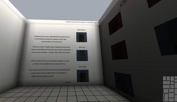 A 3D virtual gallery room features an informational wall about 'Celebrity Cryptopunks' describing them as 10,000 unique 8-bit characters created by Larva Labs, with sample images labeled 'Sean Obuna', 'Sean Paul', and 'Kanye West'.
