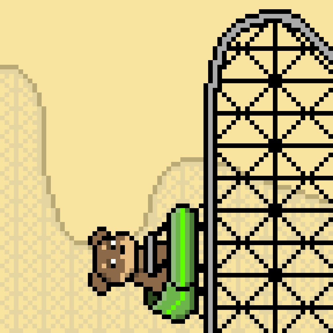 The image features a cartoon bear sitting on top of a green roller coaster car, with a black and white striped roller coaster track below. The caption reads "Crypto is a roller coaster. The Doginal Dogs are always enjoying the ride." This suggests that the bear might be referring to the Cryptocurrency Roller Coaster or the Cryptonal Dogs in the image.