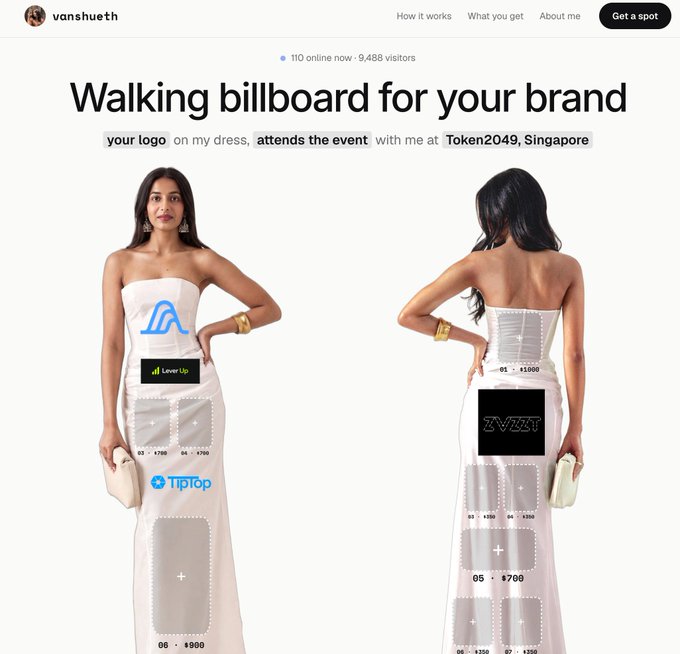 The image shows a website or promotional page for "vanshueth" titled "Walking billboard for your brand," offering advertising space on a white dress worn at the Token2049 conference in Singapore, with sample logos and pricing tiers ($700–$1000) displayed on two views of the dress; this directly ties to the accompanying post, where the user jokes that Monad's logo will grow as she "eats up," referencing the expanding ad spaces on her dress for Monad's flagship conference.
