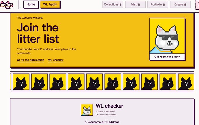 The image shows the ZecCats NFT whitelist application page with the tagline "Join the litter list" and links to "Go to the application" and "WL checker," along with a "WL checker" tool at the bottom for verifying username or t1 address allocations. The screenshot supports the post's claim about ZecBit NFT momentum, illustrating the whitelist giveaway that helped build the collection's value to a 0.35 ZEC secondary market floor.