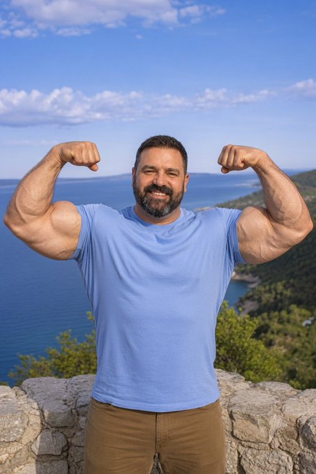 The image features a man with large muscles flexing his arms, standing against a backdrop of a beautiful landscape. He is wearing a blue t-shirt and brown pants while posing for the photo. The caption "gm starknet fammmmm" suggests that this might be an advertisement or promotional material related to fitness or bodybuilding.