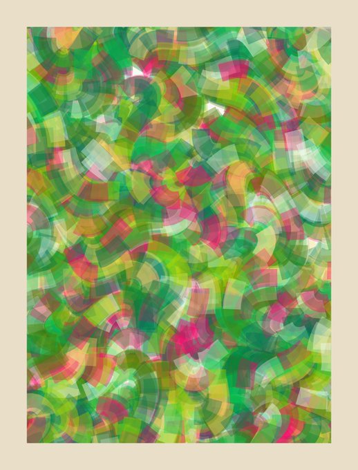An abstract digital painting featuring a colorful composition of green, pink, and orange brushstroke-like patterns with translucent, pixelated geometric shapes.