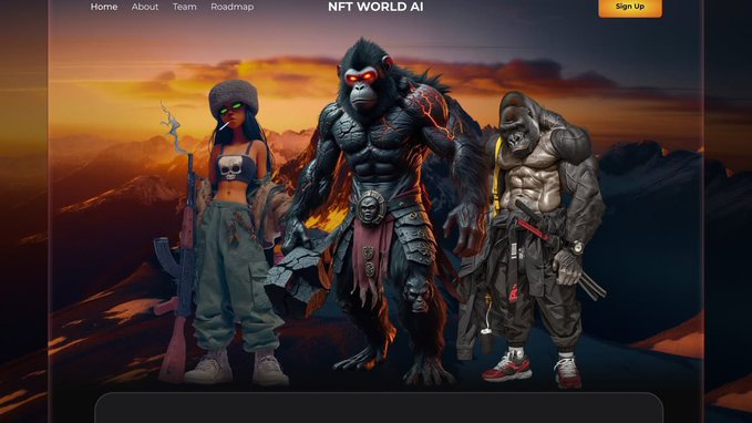 A promotional graphic for 'NFT WORLD AI' features three stylized characters—a female soldier, a fiery gorilla, and a gorilla with claws—standing against a sunset mountain landscape.