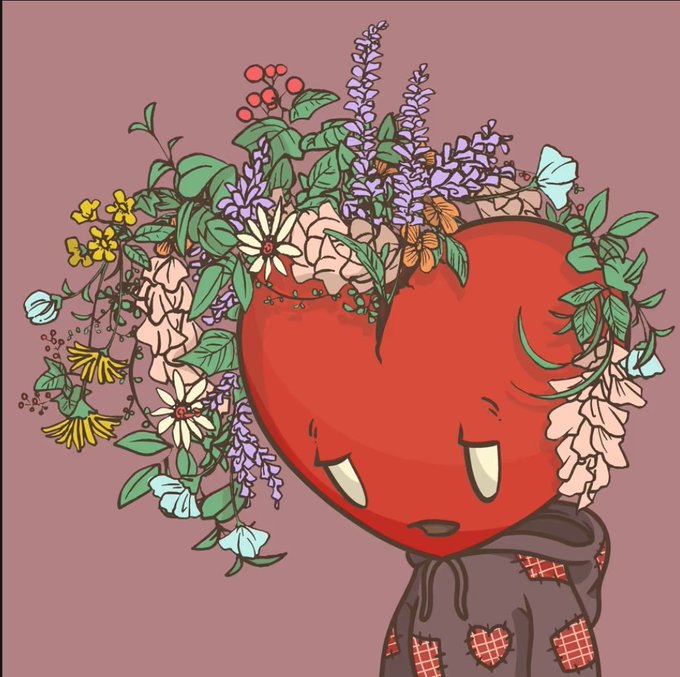 An illustration of a red apple-headed character with a flower crown made of daisies, lavender, and berries, wearing a patched hoodie against a dusty rose background.