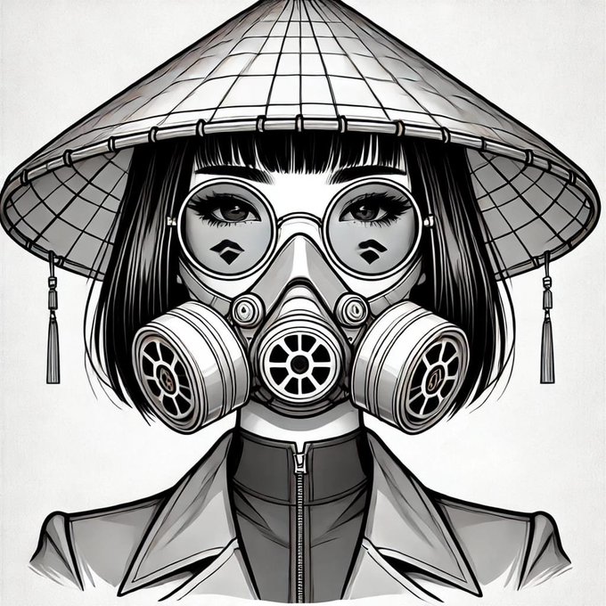 A black-and-white illustration of a woman wearing a large conical Asian hat and a gas mask with three filter canisters, rendered in an anime/manga style.