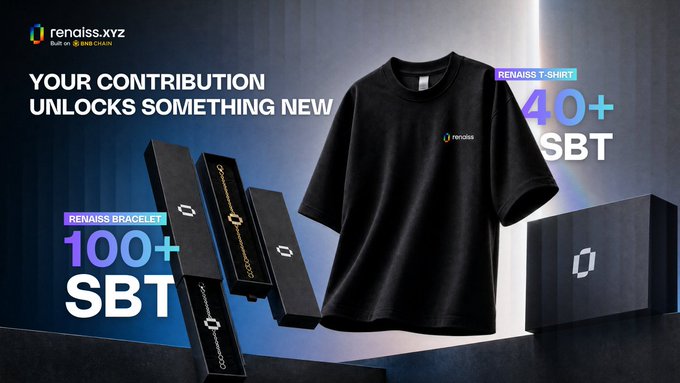The image promotes the Renaiss.xyz merch shop on BNB Chain, showing a black "Renaiss T-Shirt" (requires 40+ SBTs) and a "Renaiss Bracelet" (requires 100+ SBTs) displayed alongside the tagline "Your contribution unlocks something new," visually highlighting the new community rewards available in Phase 2.