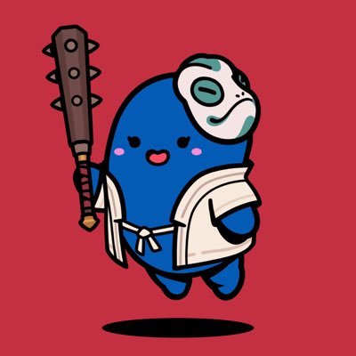 A cartoon illustration shows a blue, pill-shaped character wearing a white gi and a green and white half-mask, holding a wooden spiked club against a red background.