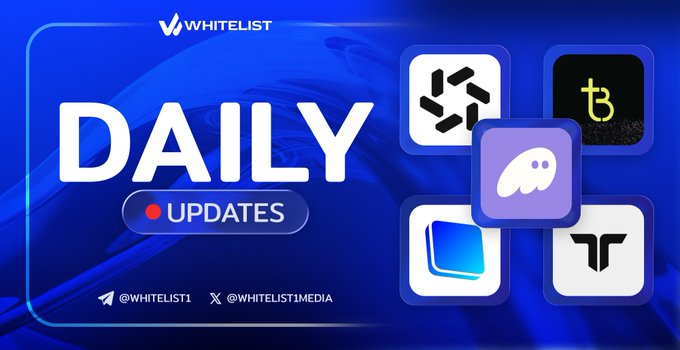 A promotional graphic titled "DAILY UPDATES" by Whitelist, featuring crypto-related icons including Phantom, a Python-like logo, and Tezos (XTZ), promoting fresh crypto news and developments such as Base App's rewards campaign and Cascade's fund recovery.
