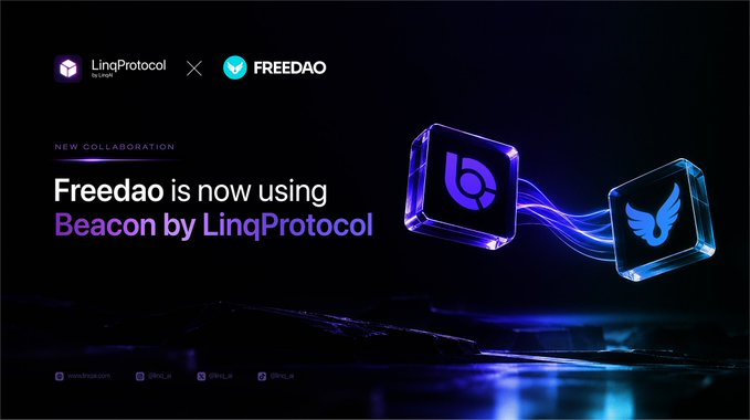 A promotional graphic announcing "Freedao is now using Beacon by LinqProtocol" as a new collaboration, featuring logos and 3D cube elements with purple and blue lighting.