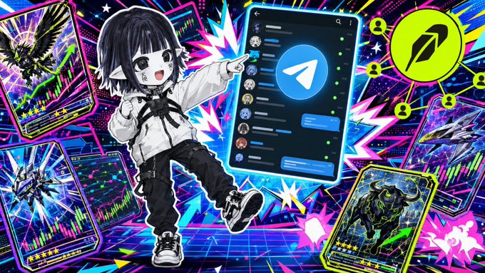 A vibrant, anime-style promotional graphic featuring a chibi character alongside the Telegram logo, trading cards, and the Robinhood logo on a colorful neon background.