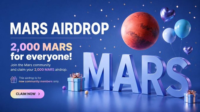 A promotional banner for the "MarsChain (MARS)" airdrop featuring the bold text "MARS AIRDROP - 2,000 MARS for everyone!" alongside 3D letters, the planet Mars, balloons, and gift boxes, inviting new community members to join and claim their reward via a "CLAIM NOW" button.