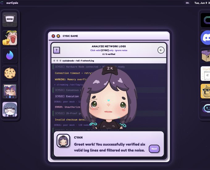 ?". The image features a girl's face with eyes and hair drawn in cartoon style, wearing a bow. Her caption reads "Great world you successfully verified six valid lines and filtered out the rest of the nonsense", which likely refers to her role as an Operations Engineer or CyOps creator on @cysic.