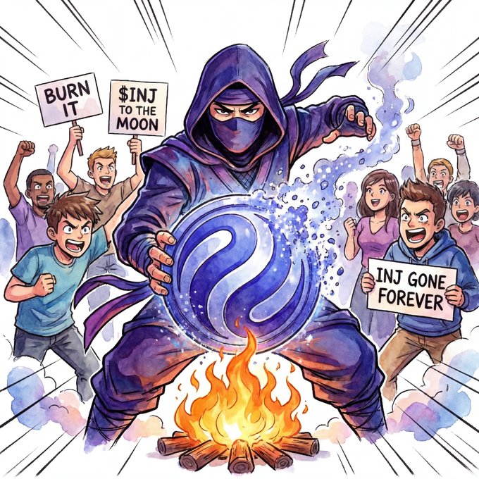 The image features a cartoon illustration of a group of people dressed as ninjas with one person holding a blue ball that has flames coming out of it. The background shows smoke, indicating an explosion or fire. In the foreground, there are signs that say "burn it if you burn it", which is likely related to the post about the Ninjas burning and losing their $INJ Ninjas.