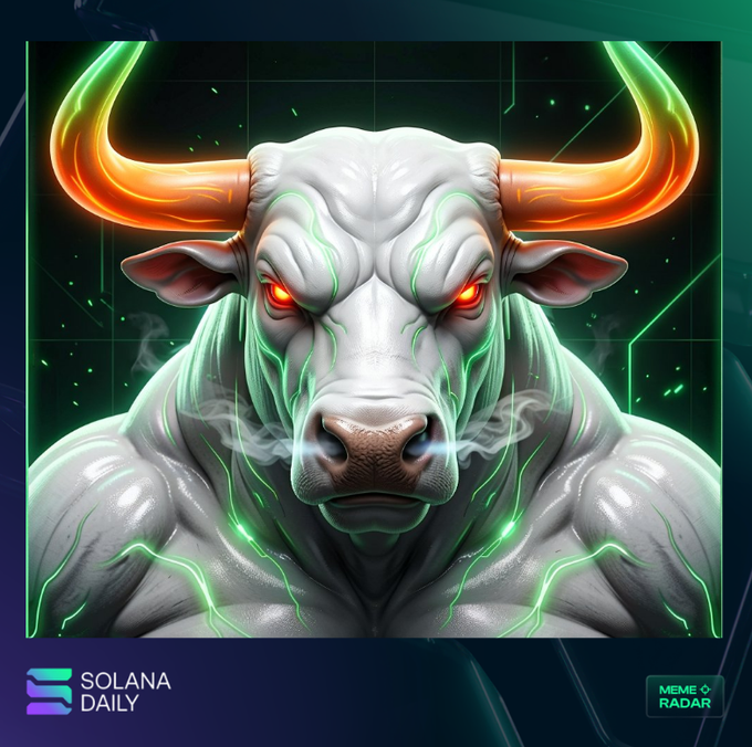 A fierce white bull mascot with glowing green lightning veins and orange-glowing horns, branded with 'SOLANA DAILY' and 'MEME RADAR' logos at the bottom.