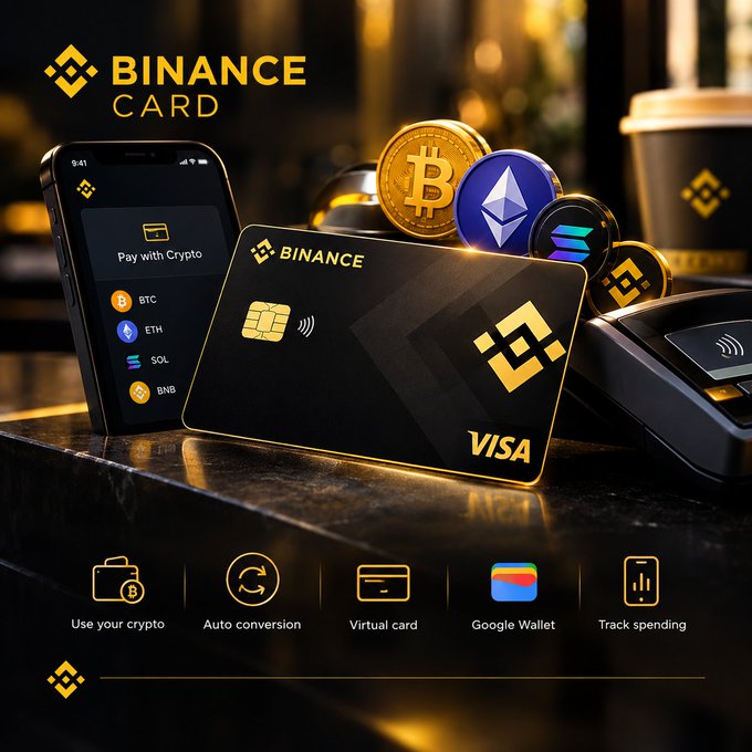 A promotional image for the 'Binance Card' featuring a Visa card and smartphone with crypto payment options (BTC, ETH, SOL, BNB), highlighting features like 'Use your crypto', 'Auto conversion', 'Virtual card', 'Google Wallet', and 'Track spending'.