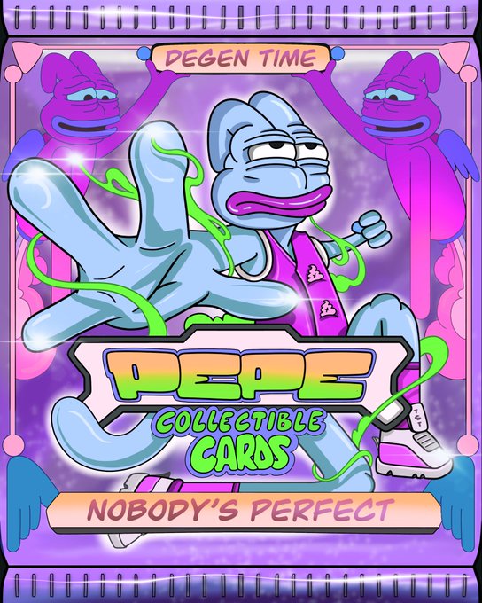 The image features a purple and green pack of PEPE cards, with each card featuring a cartoon frog wearing pink pants and a sports uniform, holding one or two sports balls. The pack includes "NoBody's Perfect" written on its label, which may be related to the event or prize for winning these collectible cards. It appears that there is a GIVEAWAY happening where people can win these PEPE cards for free by entering their codes in the provided box.