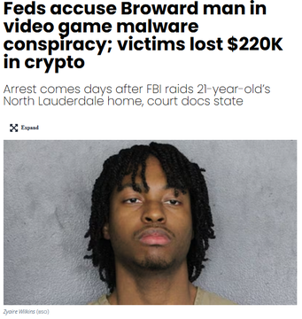 A mugshot of a young Black man with short dreadlocks, displayed beneath a Local 10 News headline stating "Feds accuse Broward man in video game malware conspiracy; victims lost $220K in crypto," with a subheading noting the FBI raided the 21-year-old's North Lauderdale home days before the arrest.