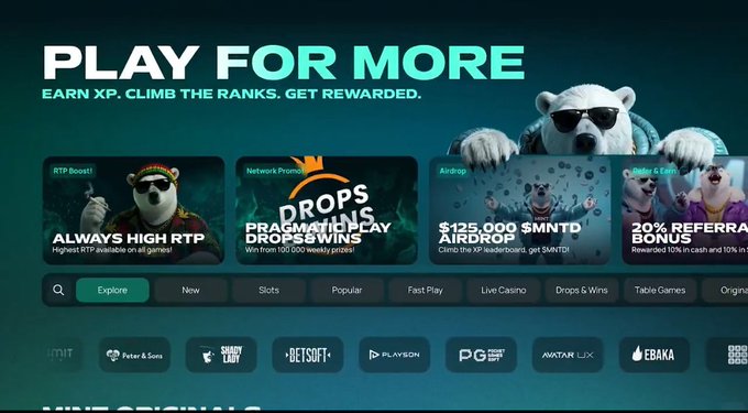 An advertisement for an online gaming platform featuring a polar bear wearing sunglasses. The headline reads 'PLAY FOR MORE: EARN XP. CLIMB THE RANKS. GET REWARDED.', showcasing game tiles for 'RTP Boost', 'Drops & Wins', and an 'Airdrop', along with logos for providers like Peter & Sons, Betsoft, and PG Soft.