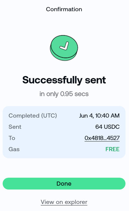 The image displays a phone screen showing information about gas received, with a green "successfully sent" button at the top left corner. Below this, there is text that reads "Successfully sent (UTC)". The main content of the image is an explanation in the caption below it that reads "2x 64 USDC has been sent to the first two lucky members! Are you the next one?". This means that a message has been sent containing UTC and two individuals's UDC information. There are also other text elements, such as the "done" button at the bottom right corner of the image.