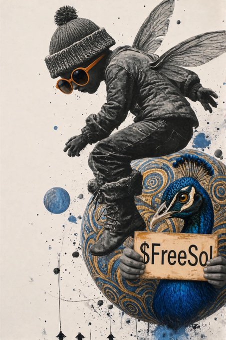 Mixed-media artwork depicting a child with fairy wings and sunglasses riding a giant, colorful peacock, with the peacock holding a sign partially reading '$FreeSol'.