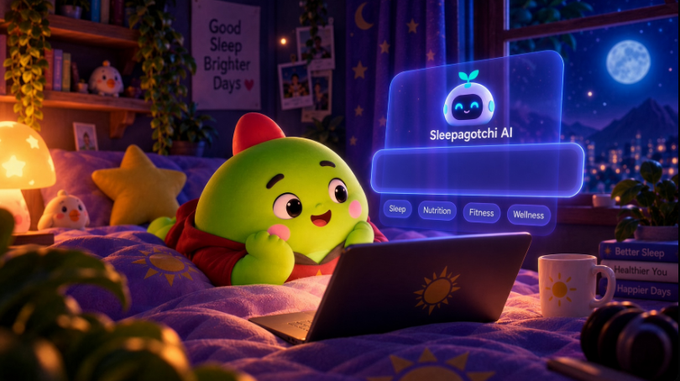 A 3D-rendered green character wearing a red hood using a laptop on a bed, with a holographic 'Sleepagotchi AI' interface showing Sleep, Nutrition, Fitness, and Wellness options.